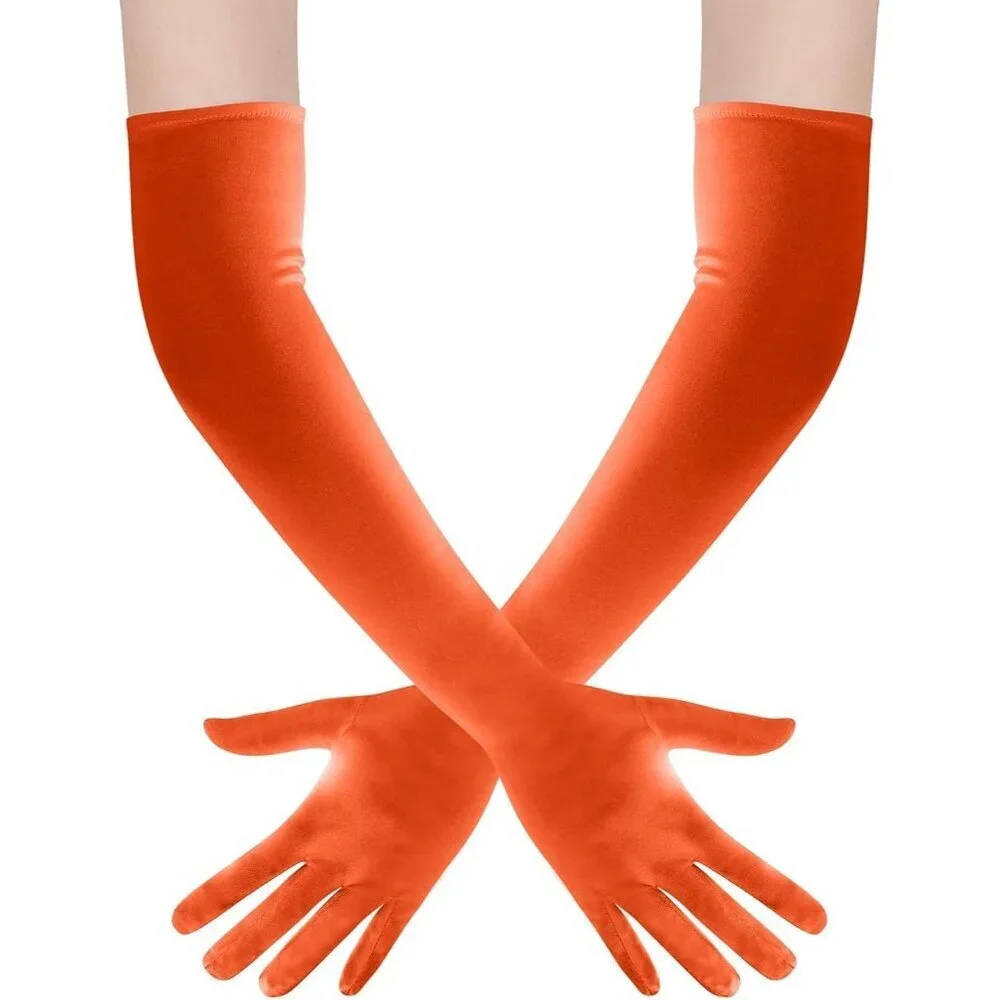 Women's Orange Long Satin Opera Fabric Gloves Party Tea Stretchy Elbow Length
